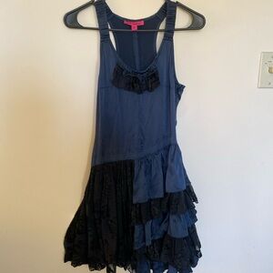 Betsey Johnson Asymmetrical Ruffle Chiffons Blue Midi Dress side zipper Size 4